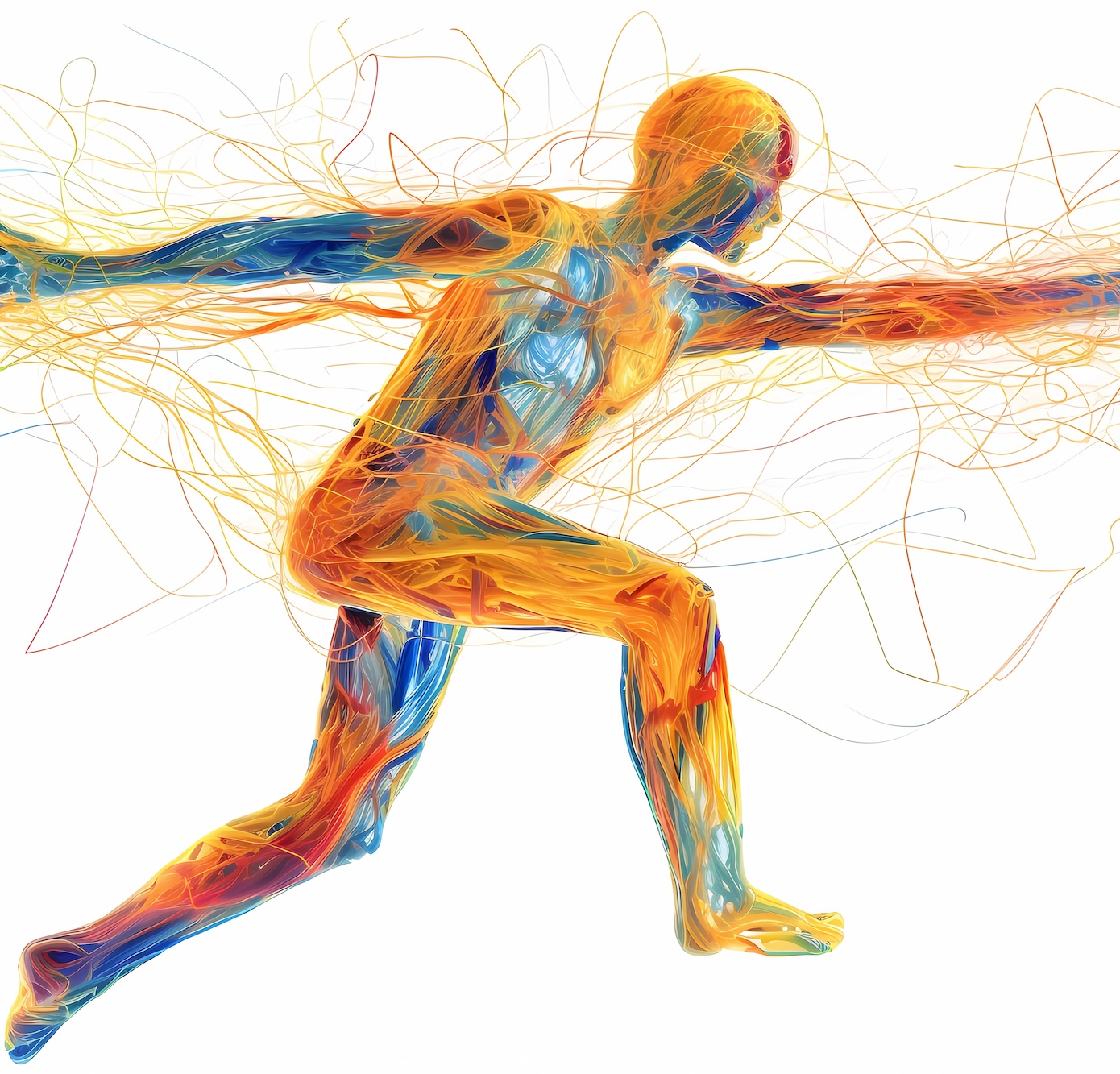 Illustration of a striding human figure drawn as glowing orange and blue nerve fibres
